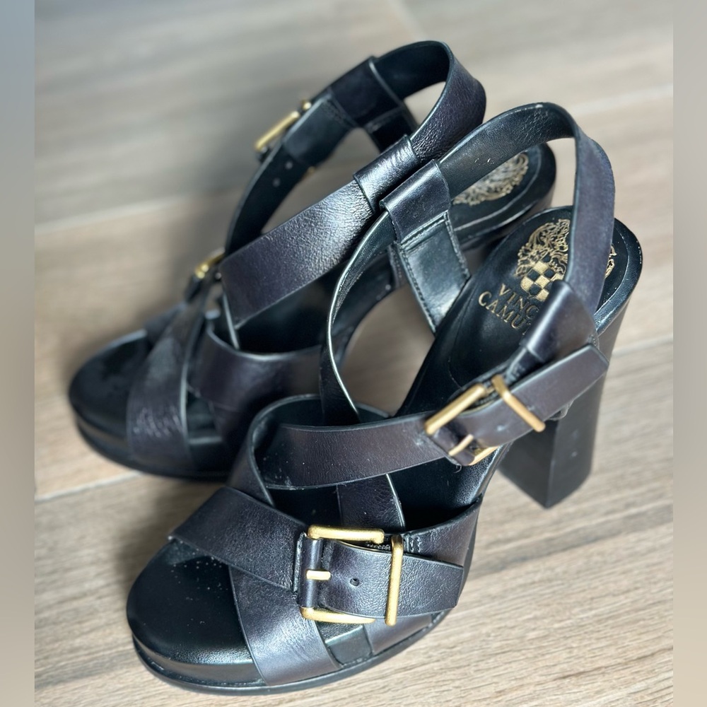 Vince Camuto Black Heeled Sandals with Gold Buckles
